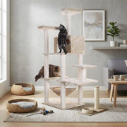 Pressed Wood Cat Tree with Condo and Hammock by Bison Pets – Engineered Wood, Beige