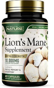 Built by Nature Lion’s Mane – Extra Strength Mushroom Supplement for Nootropic Brain Support – Focus, Memory and Cognitive Function – Non-GMO, Gluten-Free, Vegan - 60 Capsules