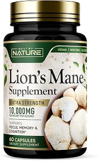 Built by Nature Lion’s Mane – Extra Strength Mushroom Supplement for Nootropic Brain Support – Focus, Memory and Cognitive Function – Non-GMO, Gluten-Free, Vegan - 60 Capsules