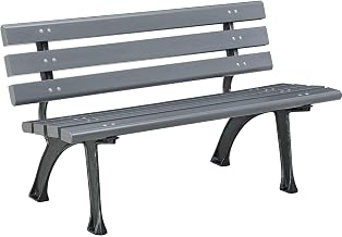 Global Industrial 4'L Outdoor Park Bench with Backrest, Recycled Plastic Slats, Wrought Iron Frame, 1100 lbs Capacity, Gray, Surface Mount, Easy Assembly