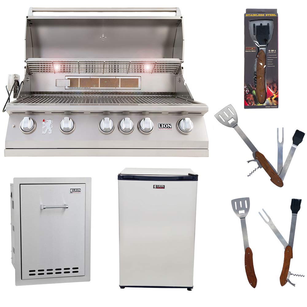 40-Inch Natural Gas Grill L90000 with Lion Multi-Functional Drawer and Lion Refrigerator Package Deal with 5 in 1 BBQ Tool Set by Lion Premium Grills – Stainless Steel