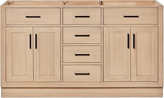 ARIEL Hepburn 60-inch Bathroom Vanity Base Cabinet,Solid Wood, 4 Soft Closing Doors, 6 Dovetail Drawers, White Oak