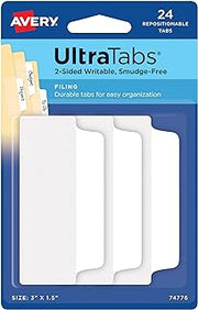 Avery Filing Ultra Tabs, 3" x 1.5", White, 24 Tabs