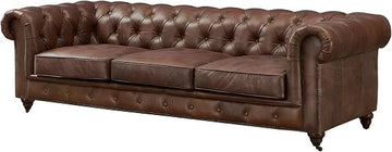 Starlight Canyon Home Leather-Upholstered Chesterfield Sofa with Solid Wood Frame, Genuine Leather Couch for Living Room and Bedroom, Bark Brown