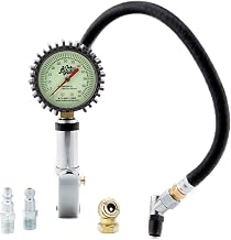 Joes Racing Products 32484 Tire Inflator and Gauge, Quick Fill, 0-60 psi, Analog, Glow in The Dark, 2-1/2 in Diameter, White Face, Fittings Included, Each