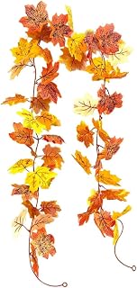 Fall Garland Maple Leaf Outdoor Indoor Decorations Hanging Artificial Autumn Maple Leaves Vines Orange Thanksgiving Garlands Decor for Wedding Party Christmas Fireplace Home Party Supplies (C)