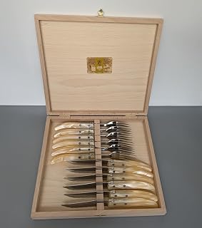 Claude Dozorme Laguiole Berlingot Flatware 12-Piece Set (6 Dinner Forks & 6 Dinner Knives) Acrylic Handle Pearl