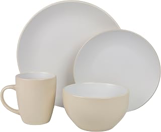 10 Strawberry Street 16 Piece Two Tone Coupe Dinnerware Set - Tan/White