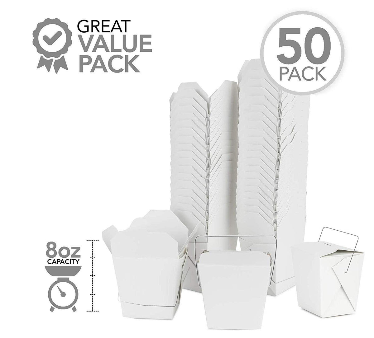 Takeout Food Containers with Handle 8 Oz White Microwaveable Mini Chinese Take Out Box (50 Pack) Leak and Grease Resistant Stackable To Go Boxes - Recyclable Food Containers