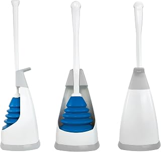 EZ Plunger with No-Drip Carrying Caddy, Tight Seal Toilet Bowl Tool with Portable Holder, Discreet Bathroom Cleaning Supplies, Declogger with Cover, Accordion Shape for Less Splash Back