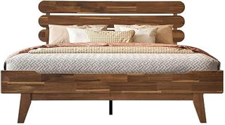 Full Size Solid Wood Platform Bed Frame, Headboard & Footboard, 12 Heavy-Duty Slatted Base, Center Metal Legs, Easy Assembly, No Box Spring Needed, Anti-Slip & Noise-Free, Walnut Finish OZF-37