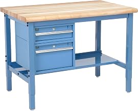 Global Industrial 48"W x 30"D Workbench, 1-3/4" Thick Maple Top Safety with Drawers & Shelf, Blue