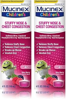 Mucinex Children’s Stuffy Nose & Chest Congestion, Multi-Symptom Relief, Expectorant, Nasal Decongestant, Very Berry Flavor, 4 Fl Oz (Pack of 2)