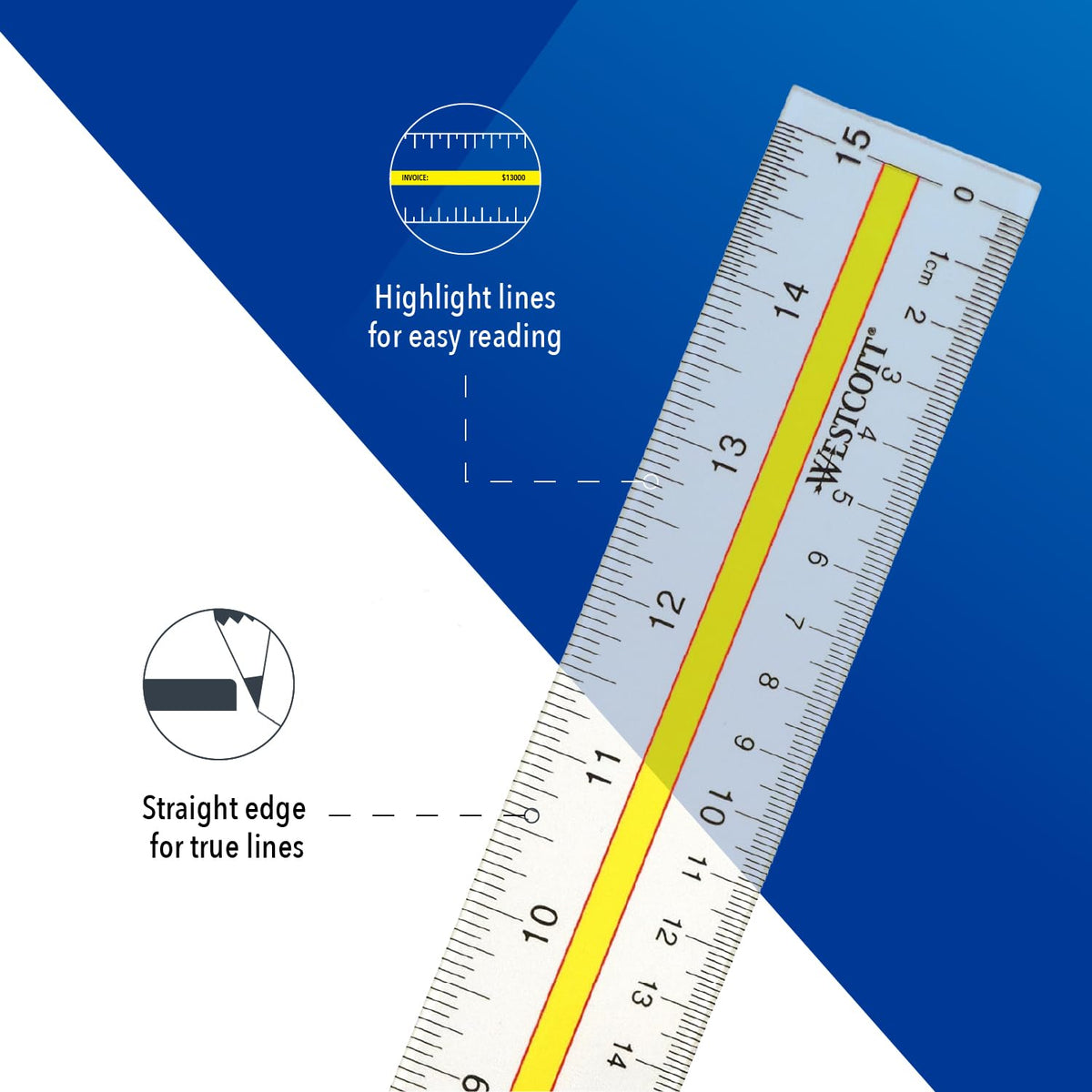 Acrylic Data Highlight Reading Ruler With Tinted Guide by Westcott – 1 Count (Pack of 1), Plastic, Clear, Model 10580