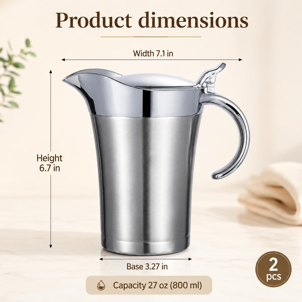 Nimbloom Insulated Gravy Boat, 27 oz Double Wall Stainless Steel, Silver 2 Pack