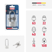 64TI/40HB63 40 x 63mm Titalium Padlock with Long Shackle by ABUS – 40 mm Lock Body, High Shackle 63 mm, Aluminium Alloy Steel, Gray, Pack of 12