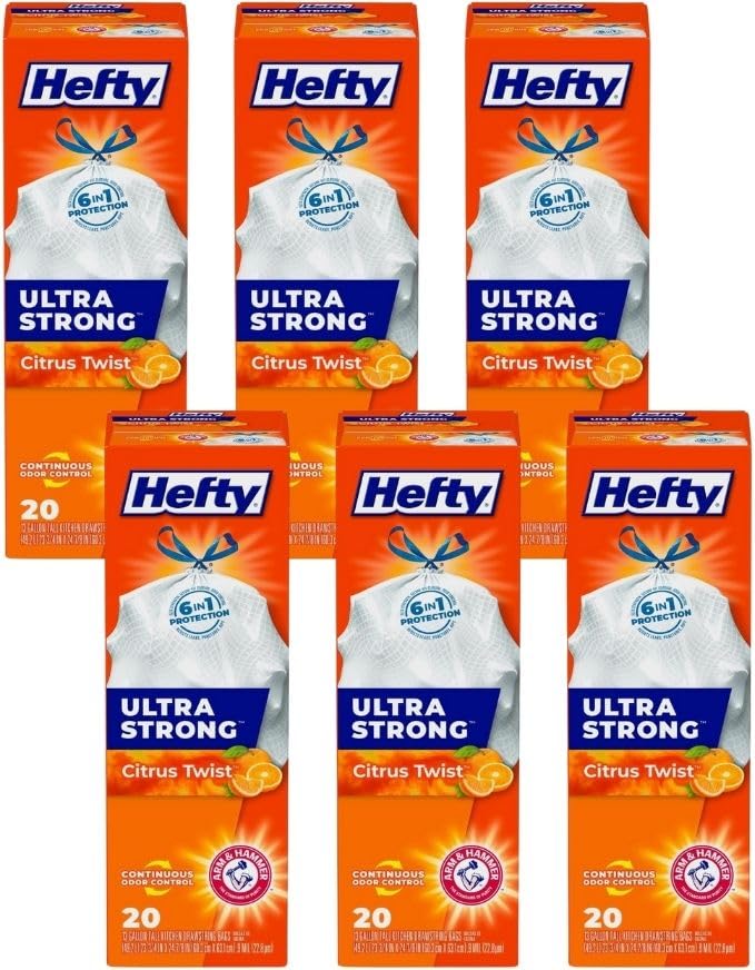 Ultra Strong Tall Kitchen Trash Bags by Hefty – 20 Count (Pack of 6), 13.0 gallons, Plastic, Pack of 6