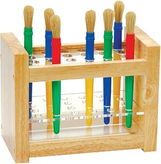 Constructive Playthings Paint Brush Holder, Holds 24 Brushes, Classroom Art Storage for Elementary, Middle and High School, Painting Supplies, Natural Wood with Acrylic Holder, 1-Pack