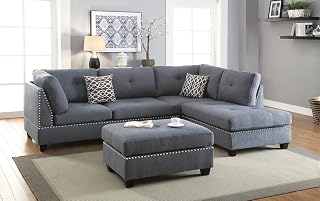 Sectional Sofa with Ottoman, Reversible Chaise Lounge in Blue Grey Polyfiber Linen-Like Fabric, 104 Inch Modern Living Room Couch for Small Spaces and Families