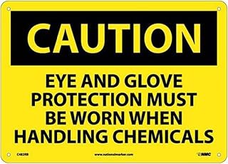 National Marker C482RB Black/Yellow Rigid Plastic "Caution Eye and Glove Protection Must BE Worn When HANDLING Chemicals" Sign, 10" Length x 14" Width