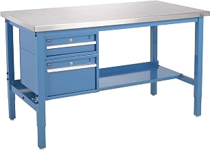 Global Industrial 72" W x 30" D Workbench, 1-1/2" Thick Stainless Steel Square Edge with Drawers & Shelf, Blue