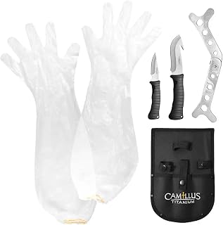 Camillus 5 Piece Essential Hunting Kit - Elbow-Length Cleaning Gloves, Rib Spreaders, Durable Corrosion-Resistant Full-Tang Gut Hook & Caping Blades, Black Nylon Sheath