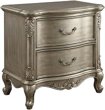 Furnifact Grey Wood Nightstand, Antique Silver Finish, Transitional Style, Rectangular Shape, Durable Wood, Elegant Bedroom Storage Solution