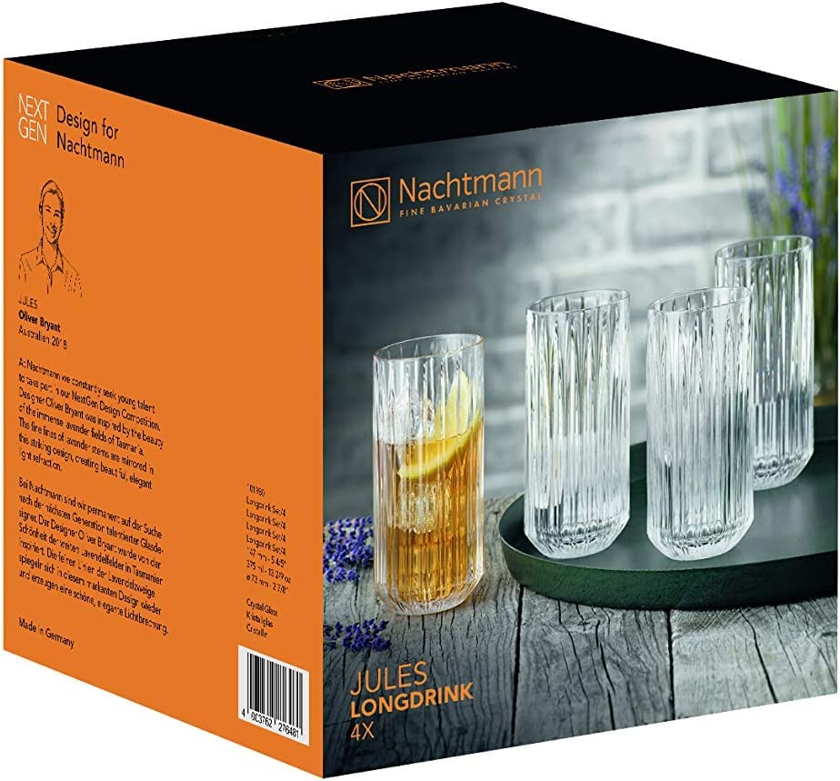 Jules Collection Long Drink Glasses by Nachtmann – 13 oz, 375 milliliters, Glass, Clear, Pack of 4