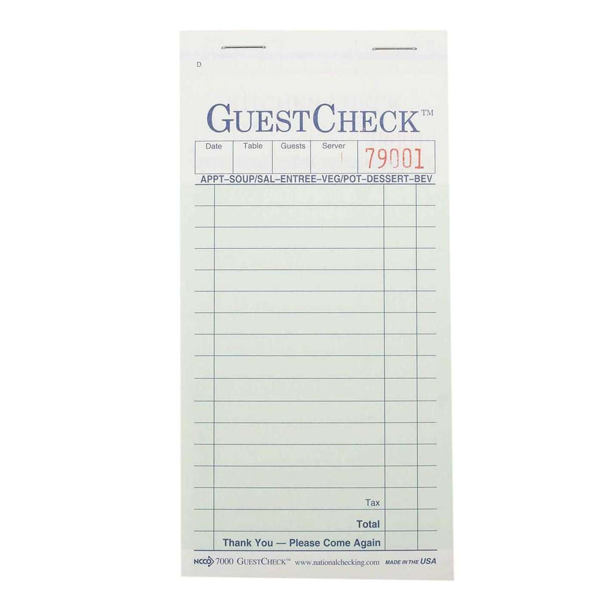 National Checking Company Carbonless Guest Check Paper - 2 Part Green by NCCO – Paper, Pack of 50, Model G7000SP