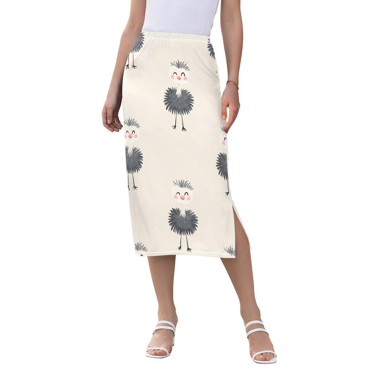 Cute Animal Emu Offwhite Women Midi Skirt for Women Beachy by BCFHRGT – Large, Polyester, Cute Animal Emu Offwhite, Model g552329013p980c1043s2369