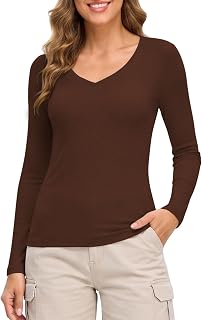 Women's Merino Wool Blend Shirts Long Sleeve Tops V Neck Fitted Basic Tee