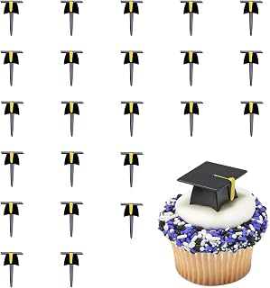 DecoPac Grad Hat Cupcake Toppers, 24 Graduation Cake Pics, Black Grad Hat DecoPics, Food Safe Cake Decorations - 24 Pack