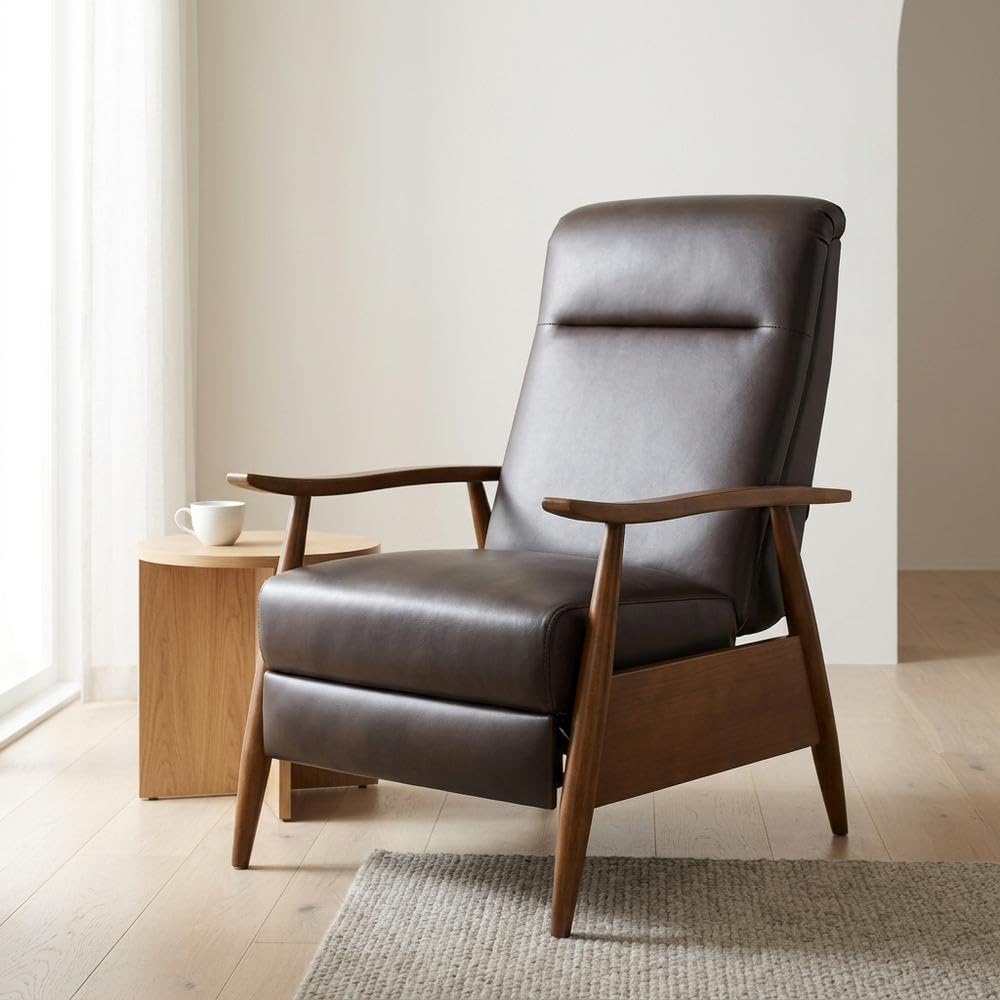 Semi-Leather Recliner Chair with Wood Arms Push-Back by Furnifact – Hardwood and plywood frame construction, Leather Gel, Brown