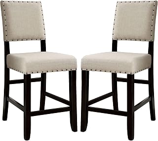 Counter Height Chairs Set of 2 Antique Black Frame Beige Linen-Like Upholstery Nailhead Trim Distressed Details 25in Seat Height for Kitchen Island Breakfast Bar