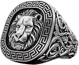 Royal Gothic Leo Zodiac Sign Lion Head Mens Statement Ring Oxidized 925 Sterling Silver King Of The Jungle Symbol Of Brave Greek Key Ring Handcrafted Lion King Wild Animal Head Jewelry