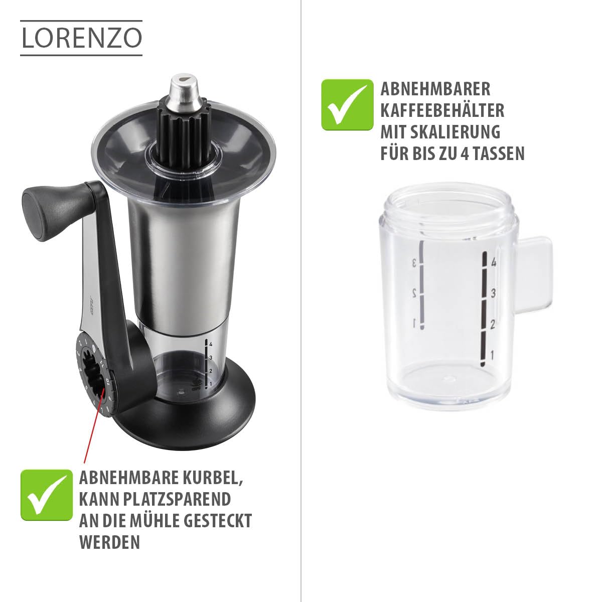 Handheld Coffee Grinder with Adjustable Ceramic Grinding Gear by GEFU – 14 x 5 x 5 cm, 4 cups, Stainless Steel, Black, Model 16330