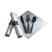 CaterWrap Black Plastic Silverware and White 17"sq Napkin with Black Geometric Pattern Band by HUBERT – Plastic, Black, Pack of 100, Model 119971
