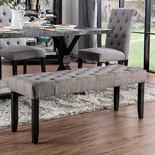 Tufted Dining Bench, 48-Inch Linen-Like Fabric, with Black Legs (Light Gray)