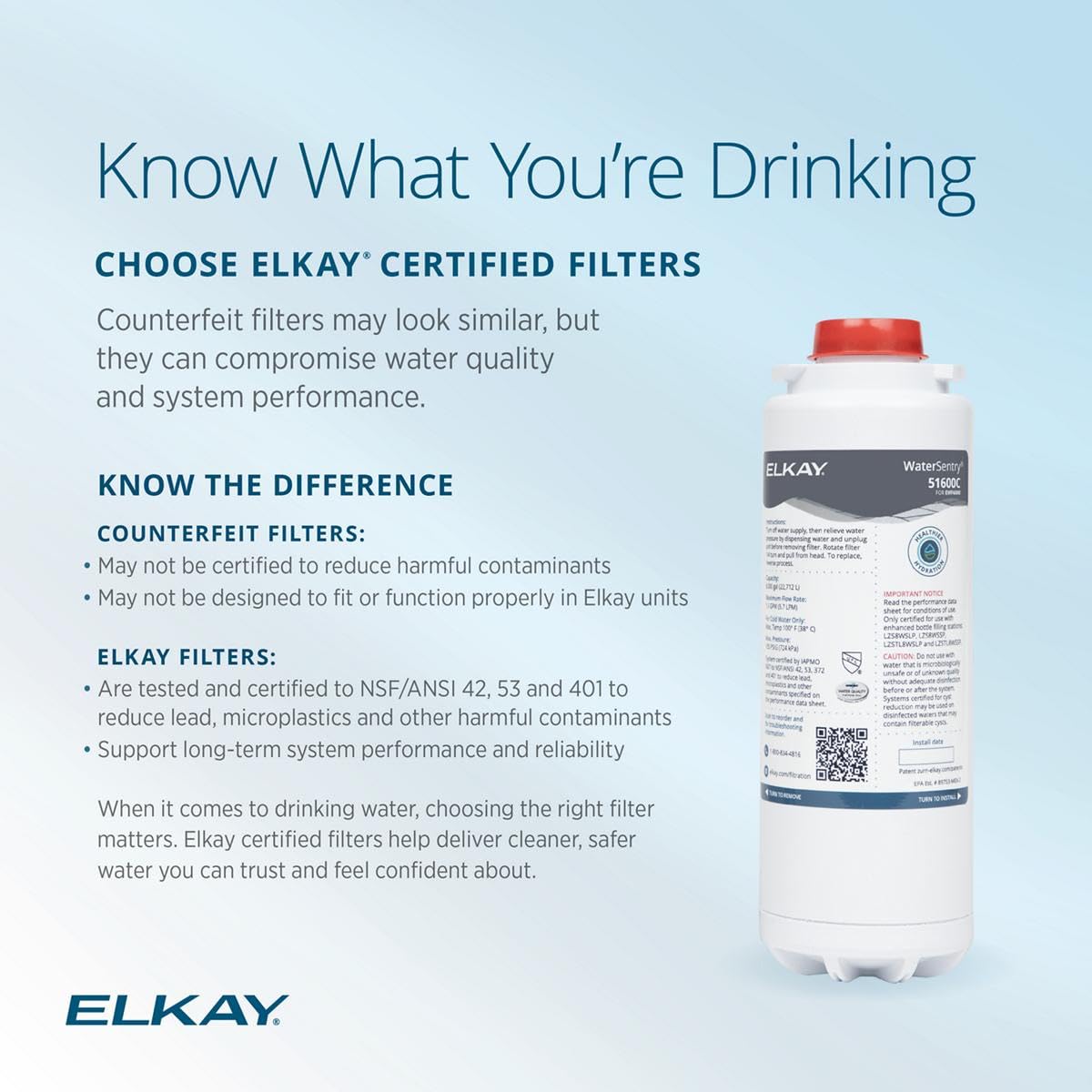 Genuine WaterSentry High Capacity Replacement Filter by Elkay – 1 Count (Pack of 1), Plastic, White, Model 51600C