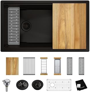 Elkay ELXRU13322W Quartz Luxe 33" Undermount Single Basin Quartz Composite Workstation Kitchen Sink with Basin Rack, Colander and Cutting Board - Obsidian