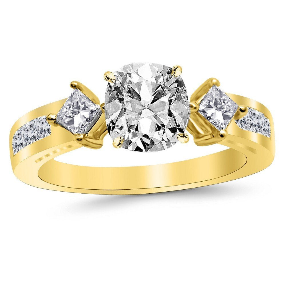 3.75 Ctw 14K Yellow Gold Channel Set 3 Three Stone Princess Diamond Engagement Ring Cushion Cut (3 Ct F Color SI2 Clarity Center Stone) by Houston Diamond District – Model G#63