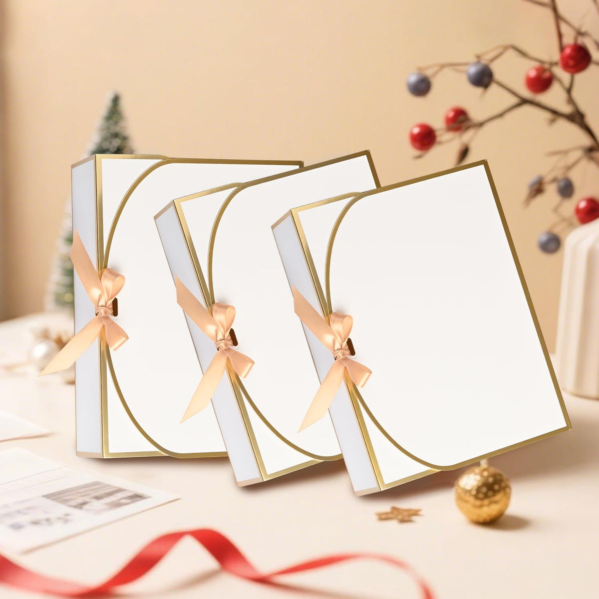 WLUSEAXI Gift Boxes with Lids, 10 Pack, White with Gold Accents