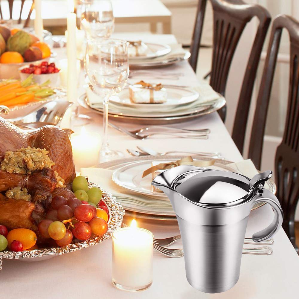 ShineMe Gravy Boat with Lid, 26 Ounces Double Wall Stainless Steel, Silver