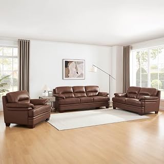 Luxor Top Grain Leather Sofa Loveseat and Chair Set, Pecan Brown, Memory Foam and Springs Seating