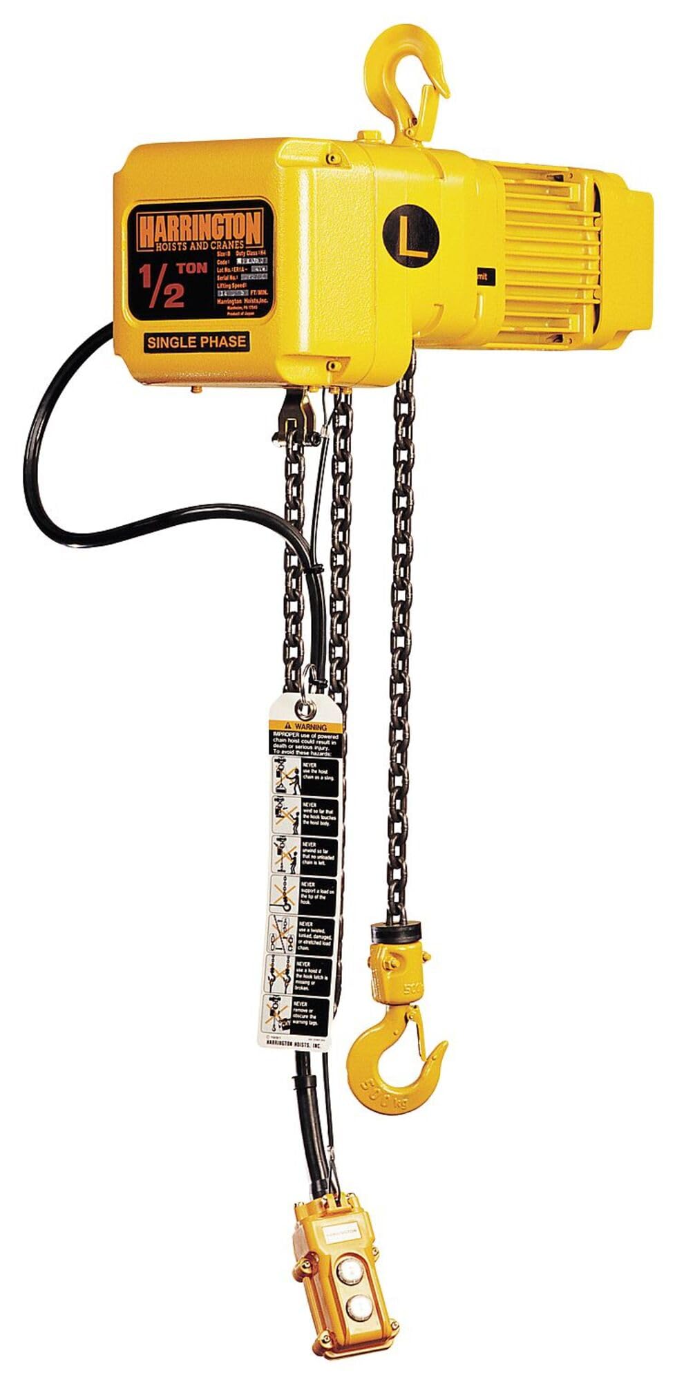 Harrington SNER010S-20 SNER Electric Hoist w/Hook Suspension - 1 Ton by Harrington Hoists – Yellow, Model SNER010S-20-230V