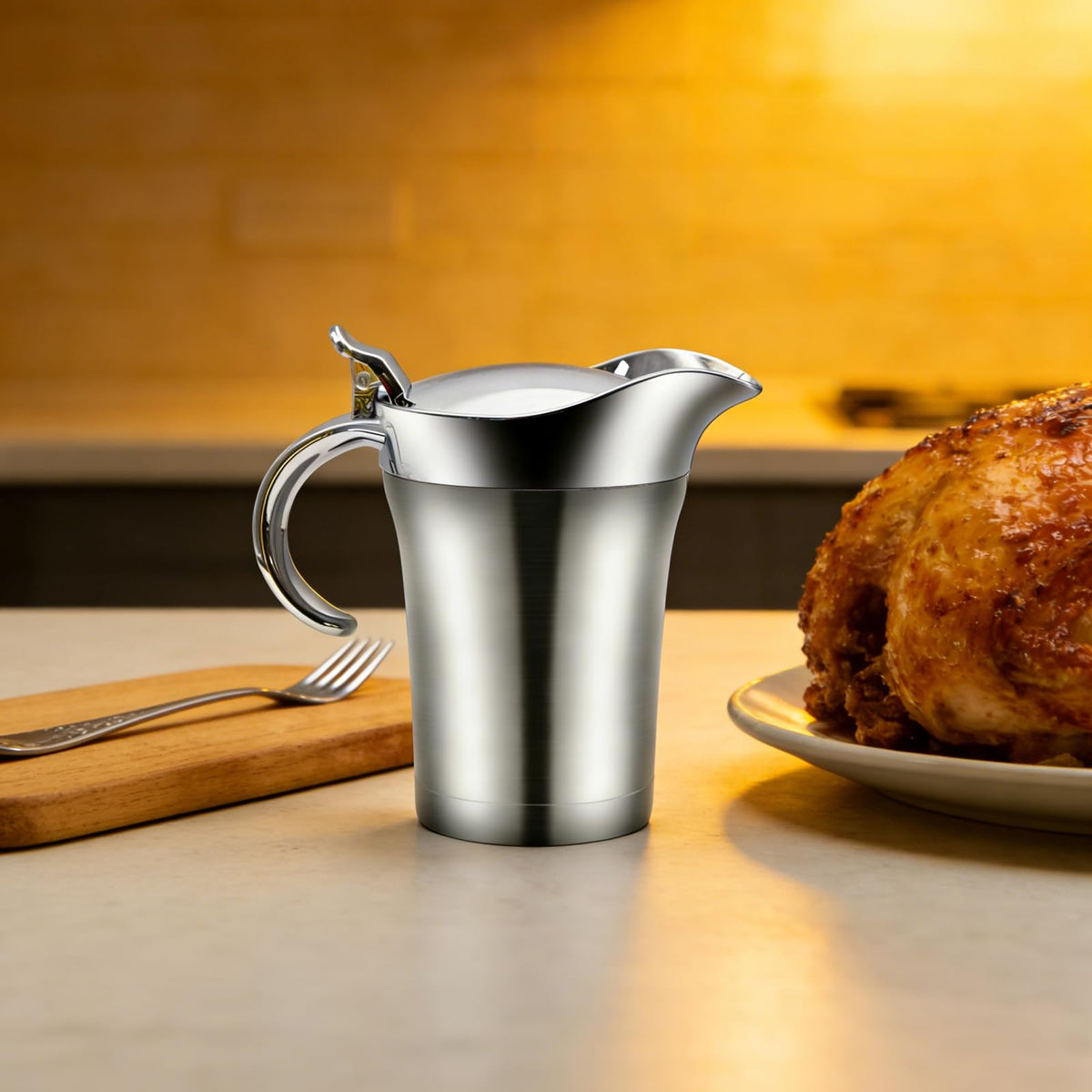 Amestar Stainless Steel Gravy Boat with Lid, 25 Oz, Silver