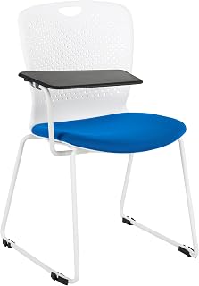 Learniture Edison Classroom Tablet Arm Chair, Upholstered Seat, Folding Writing Tablet, White Sled Base Frame, Training & Student Seating, 300 lb Capacity, Set of 4