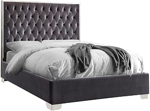 Starlight Canyon Home Velvet-Upholstered Platform Bed with Button-Tufted Panel Headboard, Queen Bed Frame with Headboard for Bedroom, Grey Velvet