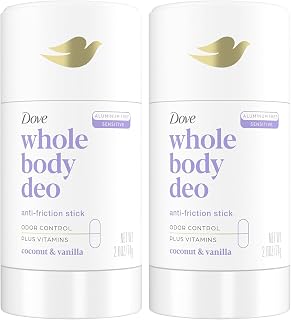 Dove Whole Body Deo Aluminum Free Anti-Friction Deodorant Stick Coconut + Vanilla for All Day Odor Control 2.6 oz (Pack of 2)