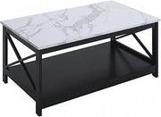 Furnifact White Faux Marble/Black Oxford Coffee Table with Shelf MDF Construction Durable Design Contemporary Style for Living Room and Office Use